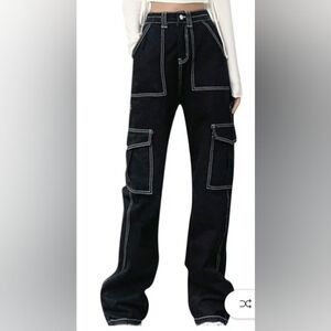 Black Cargo Jeans High Waist Wide Straight Leg Trousers